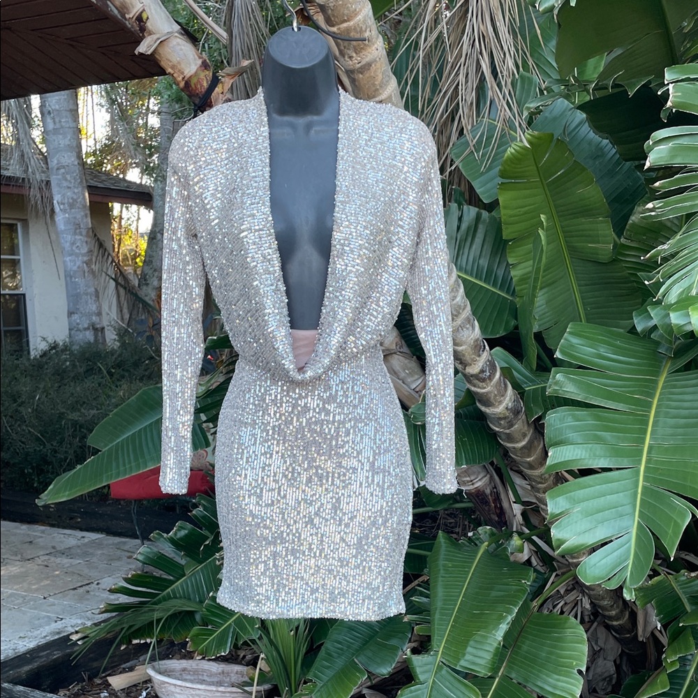 J Lux label, silver sequin cowl neck, long sleeve dress